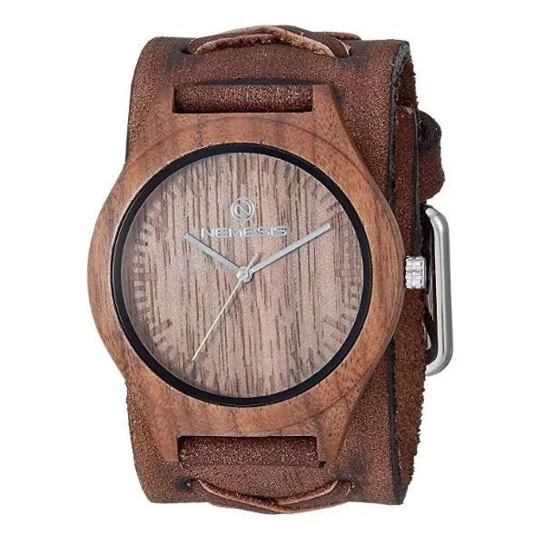Ash Natural Dark Wood Watch with Distressed Brown Leather Cuff 