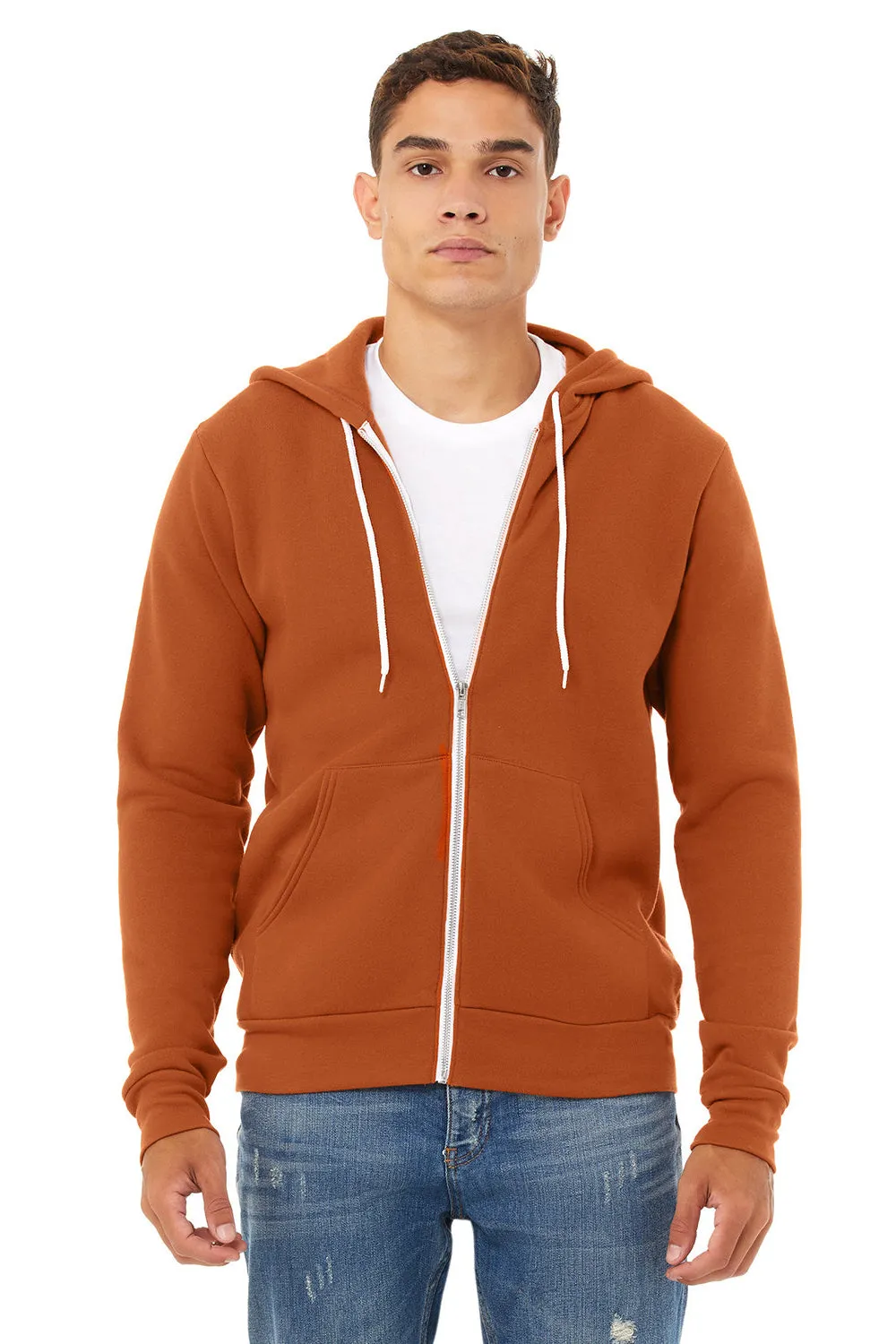 Bella   Canvas Mens Fleece Full Zip Hooded Sweatshirt Hoodie w/ Pockets - Autumn Orange