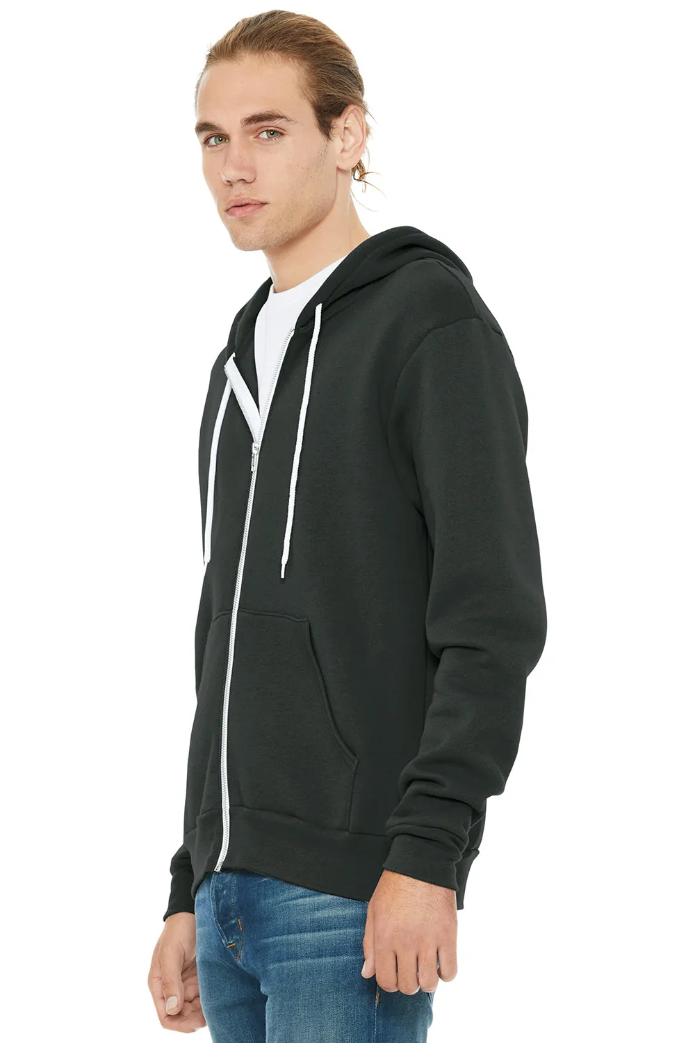 Bella   Canvas Mens Fleece Full Zip Hooded Sweatshirt Hoodie w/ Pockets - DTG Dark Grey - Closeout