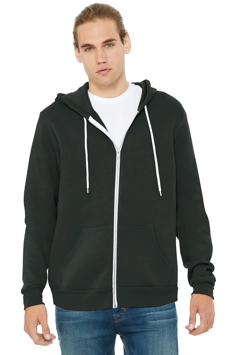 Bella   Canvas Mens Fleece Full Zip Hooded Sweatshirt Hoodie w/ Pockets - DTG Dark Grey - Closeout