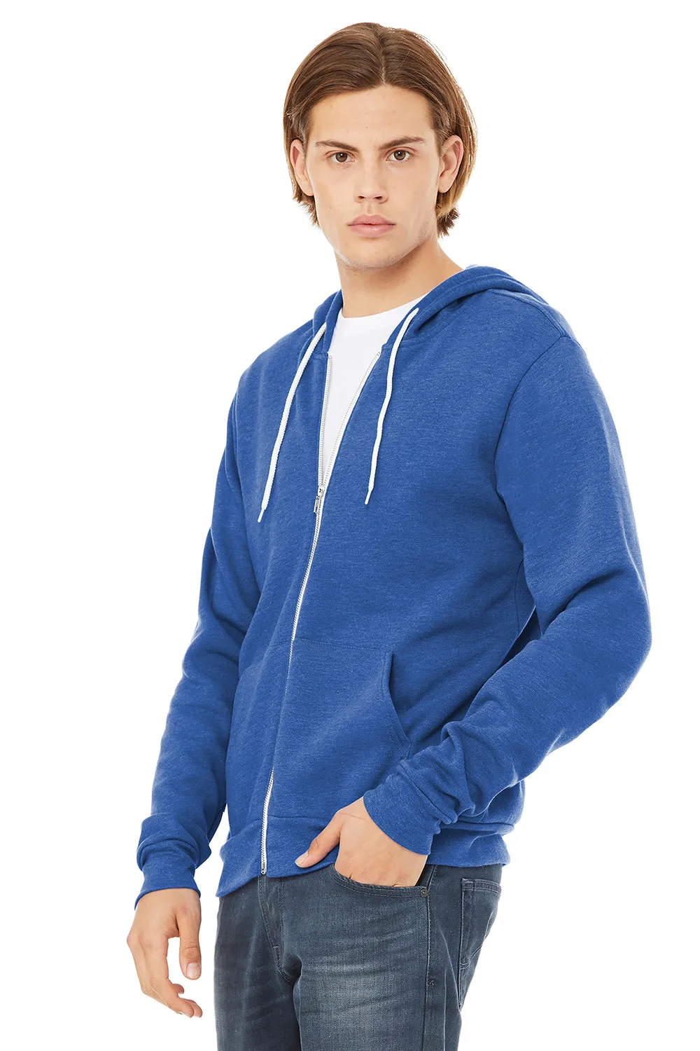 Bella   Canvas Mens Fleece Full Zip Hooded Sweatshirt Hoodie w/ Pockets - Heather True Royal Blue