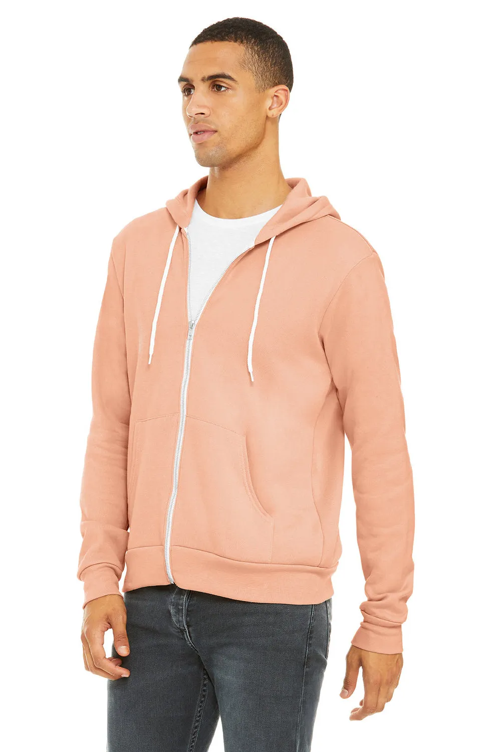 Bella   Canvas Mens Fleece Full Zip Hooded Sweatshirt Hoodie w/ Pockets - Peach