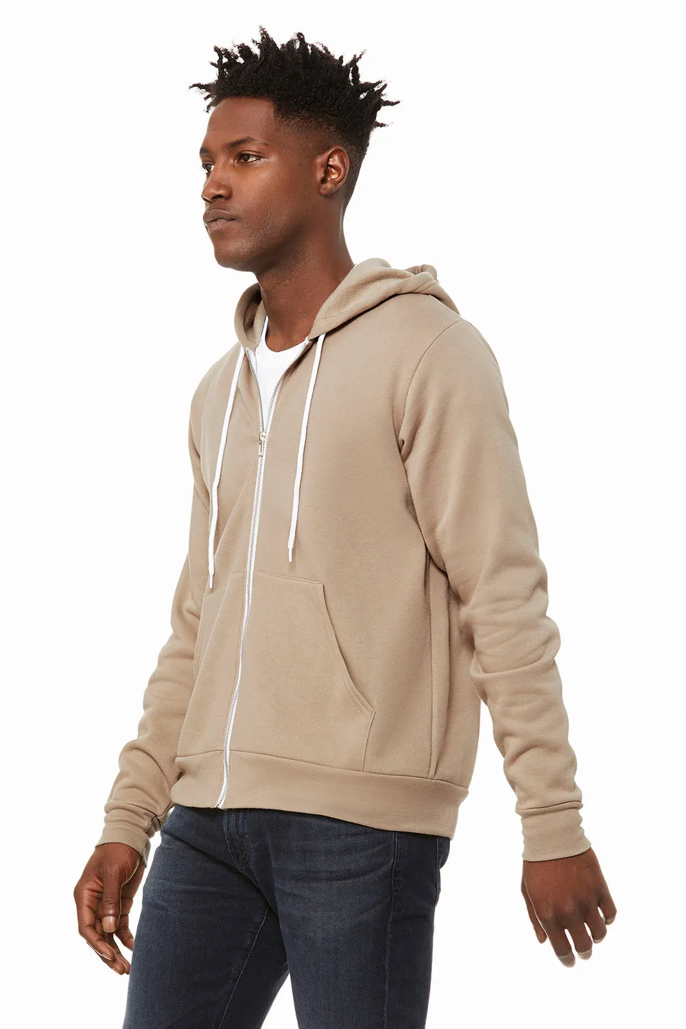 Bella   Canvas Mens Fleece Full Zip Hooded Sweatshirt Hoodie w/ Pockets - Tan