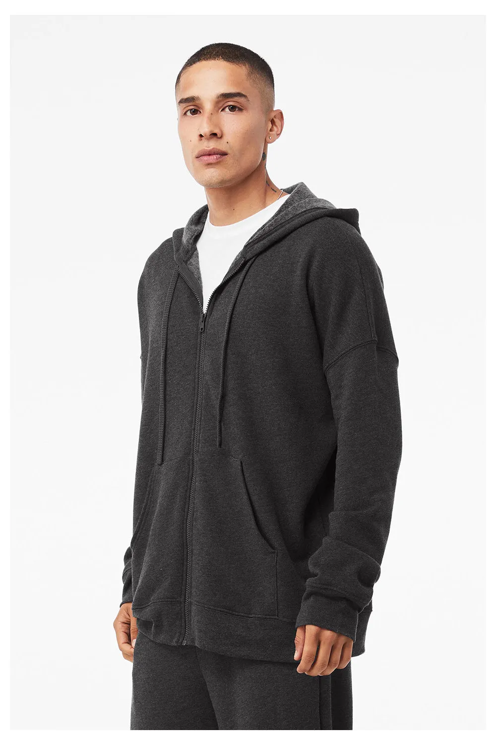 Bella   Canvas Mens Sponge Fleece Full Zip Hooded Sweatshirt Hoodie w/ Pockets - Heather Dark Grey
