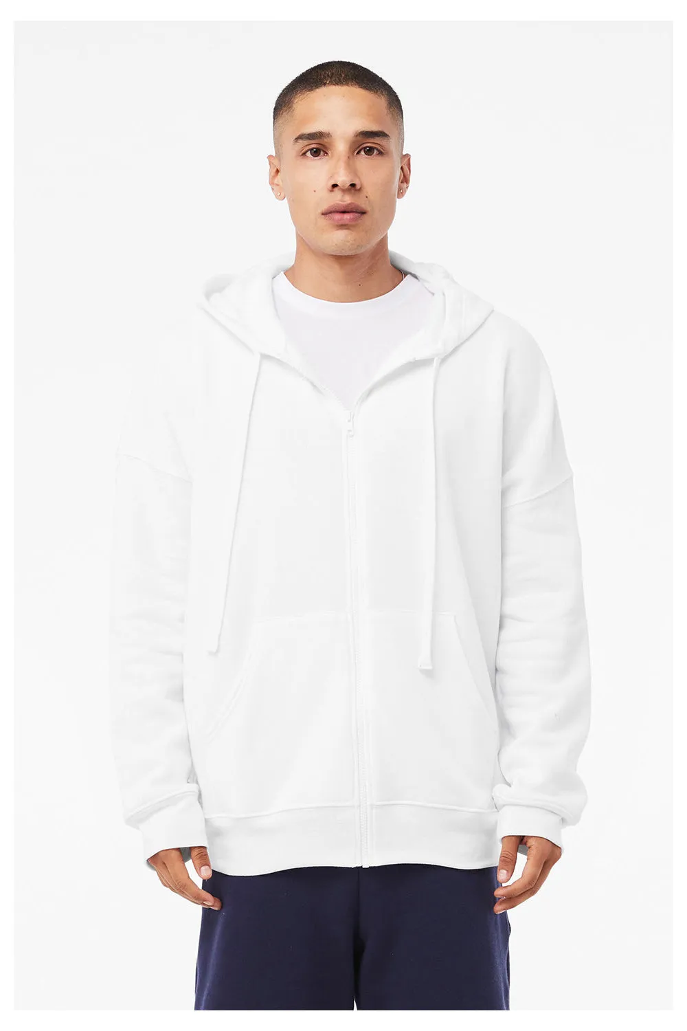 Bella   Canvas Mens Sponge Fleece Full Zip Hooded Sweatshirt Hoodie w/ Pockets - White