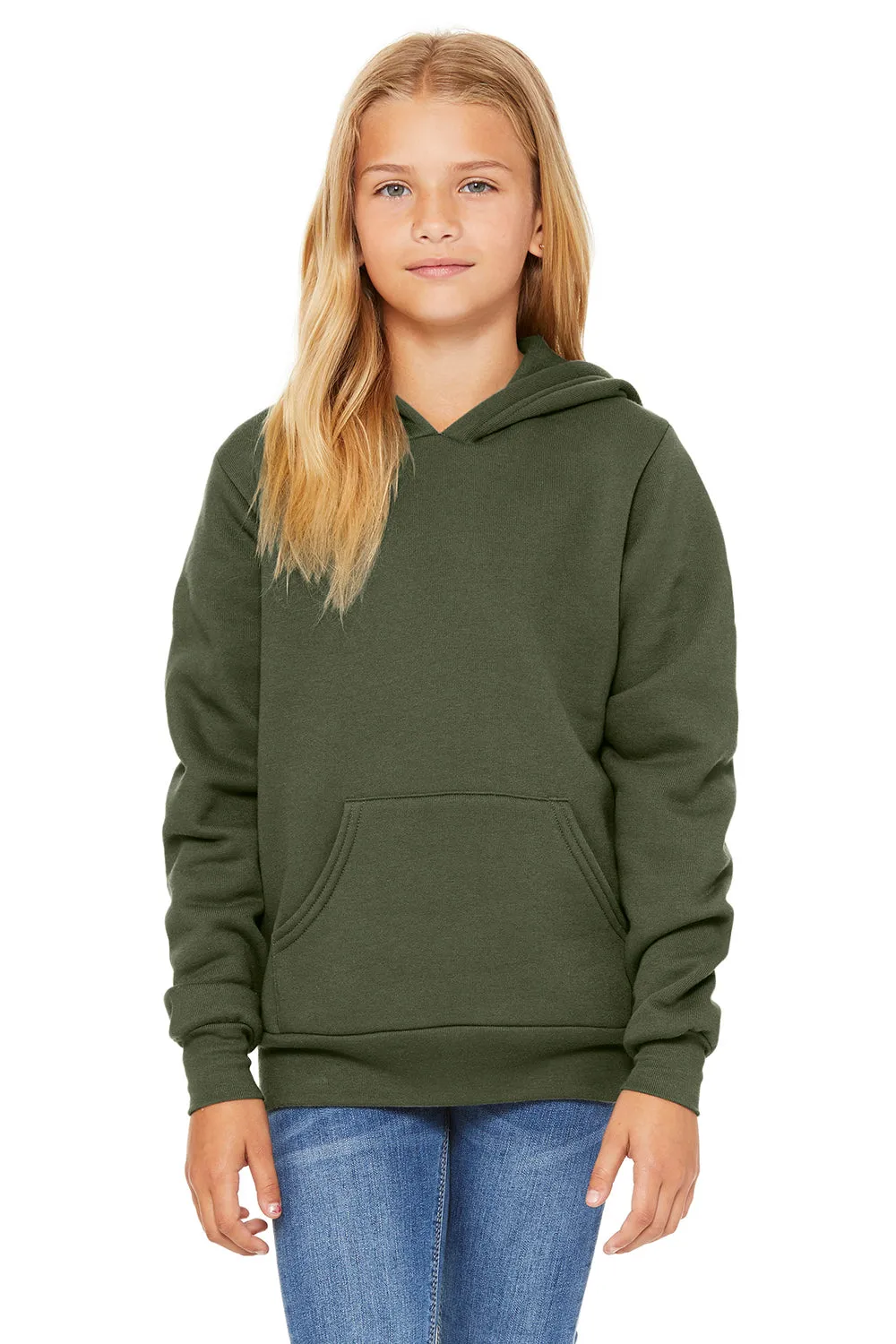 Bella   Canvas Youth Sponge Fleece Hooded Sweatshirt Hoodie w/ Pouch Pocket - Military Green
