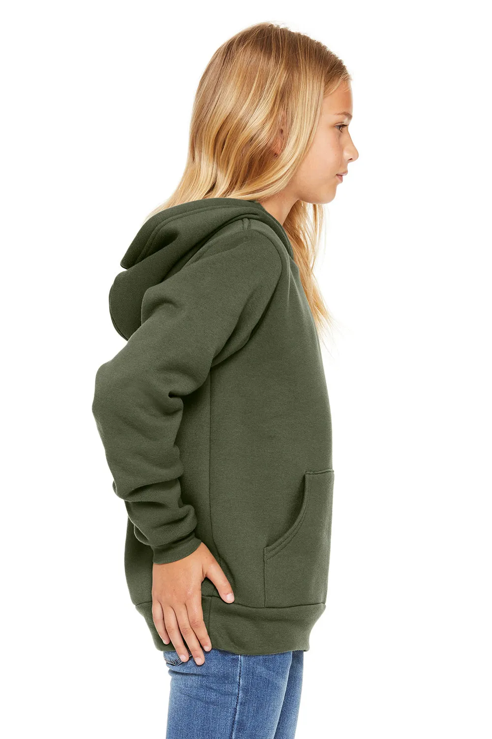 Bella   Canvas Youth Sponge Fleece Hooded Sweatshirt Hoodie w/ Pouch Pocket - Military Green