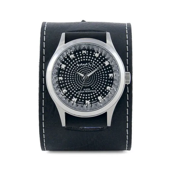 Black Pointium Diamond Cut Watch with Black Arrow End Single Stitch Leather Cuff Band GSB078K 