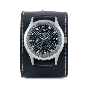 Black Pointium Diamond Cut Watch with Black Arrow End Single Stitch Leather Cuff Band GSB078K 