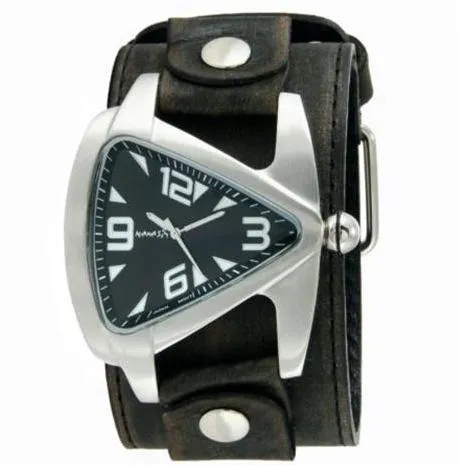 Black Watch with Stitched Wide Leather Watch Bands 