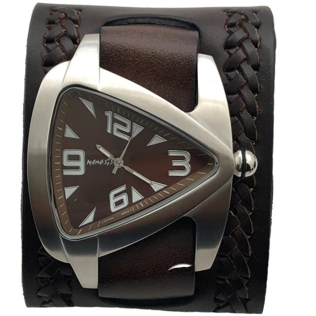 BNWA011B teardrop Stainless Steel Triangle watch with Brown weaved leather cuff band 