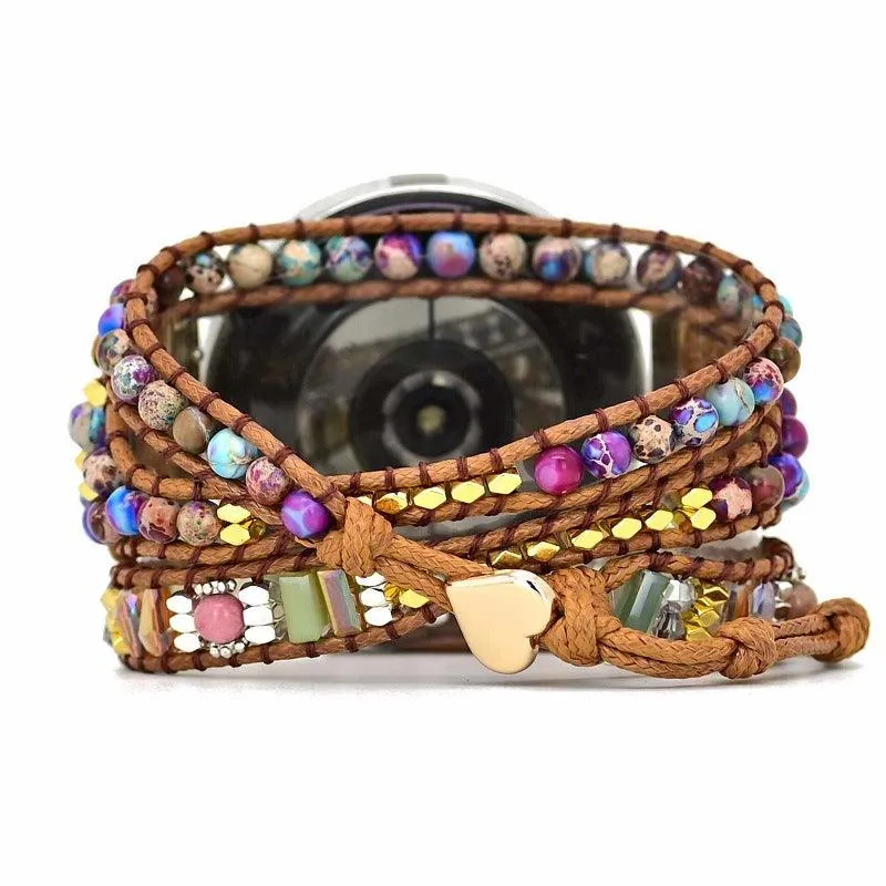 Boho Watch Band Wrapped Stone Bead Woven Strap