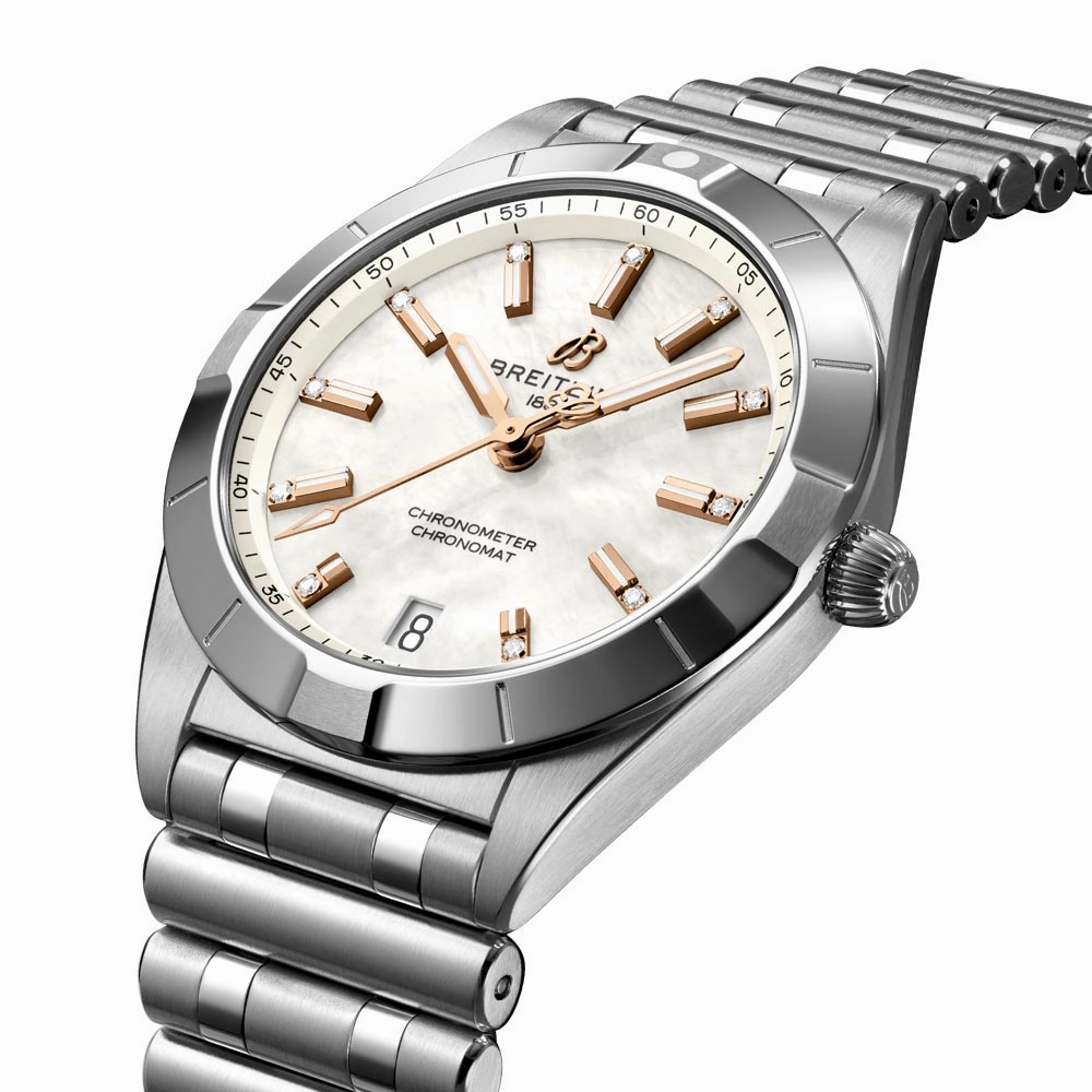 Breitling Chronomat 32mm MOP Diamond Dot Dial Ladies Quartz Watch A77310101A4A1
