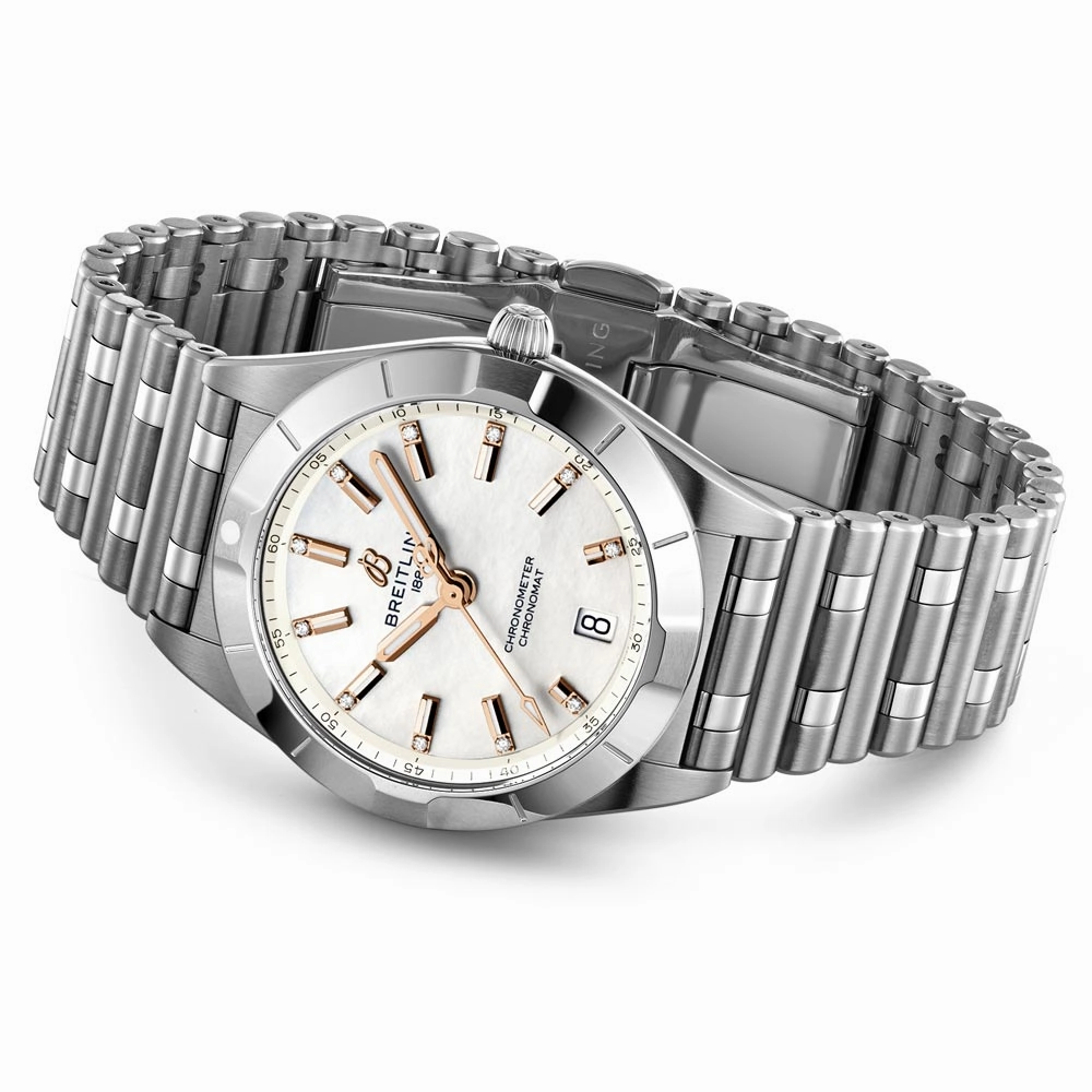 Breitling Chronomat 32mm MOP Diamond Dot Dial Ladies Quartz Watch A77310101A4A1