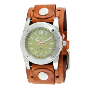 Carbon Fiber Green Watch with Perforated Dash Khaki Leather Cuff BTW051Y 
