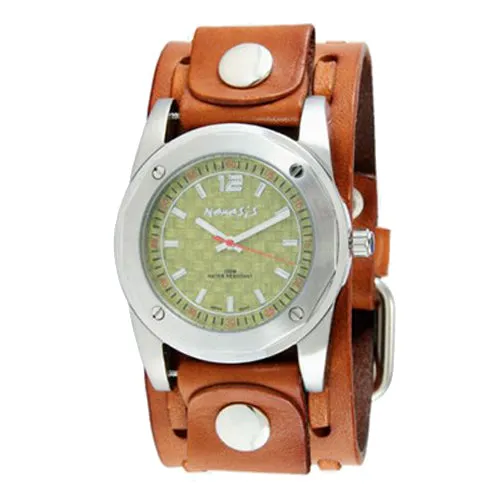 Carbon Fiber Green Watch with Perforated Dash Khaki Leather Cuff BTW051Y 