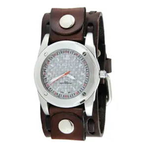 Carbon Fiber Silver Watch with Perforated Dark Brown Leather Cuff 