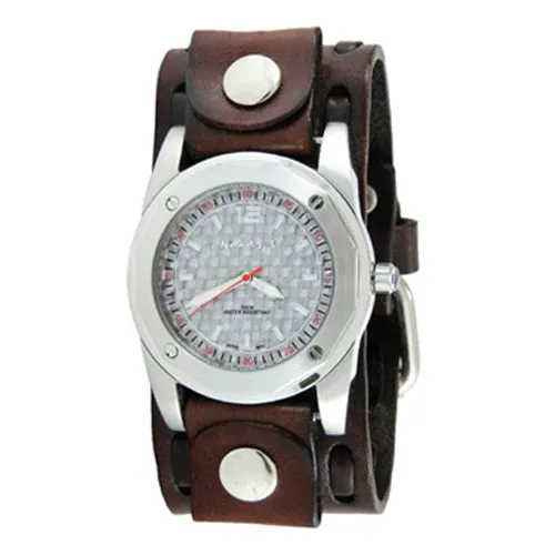 Carbon Fiber Silver Watch with Perforated Dark Brown Leather Cuff 