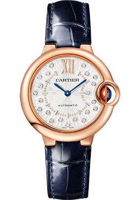 Cartier Ballon Bleu de Cartier Watch - 33 mm Rose Gold Case - Matt Silvered Stamped Sunray Diamond Dial - Blue Leather Strap - WGBB0052 
