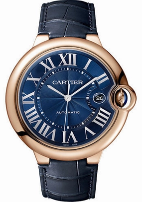 Cartier Ballon Bleu de Cartier Watch - 42 mm Pink Gold Case - Blue Dial - Navy Blue Leather Strap - WGBB0036 