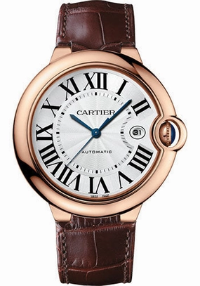 Cartier Ballon Bleu de Cartier Watch - 42 mm Pink Gold Case - Silver Opaline Dial - Brown Leather Strap - WGBB0030 
