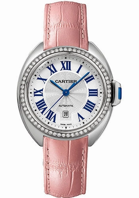 Cartier Cl de Cartier Watch - 31 mm Steel Case - 61 Diamond Bezel - Silvered Sunray Effect Dial - Pink Alligator Strap - W4CL0005 