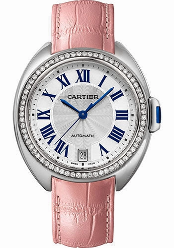 Cartier Cl de Cartier Watch - 35 mm Steel Case - 67 Diamond Bezel - Silvered Sunray Effect Dial - Pink Alligator Strap - W4CL0006 