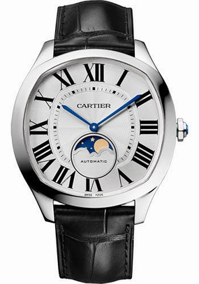 Cartier Drive de Cartier Moon Phases Watch - 40 mm Steel Case - Silvered Dial - Black Alligator Strap - WSNM0008 