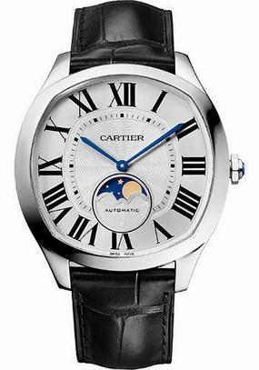 Cartier Drive de Cartier Moon Phases Watch - 40 mm x 41 mm Steel Case - Silvered Dial - Black Alligator Strap - WSNM0017 
