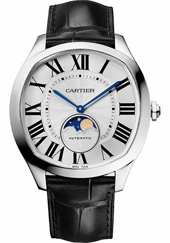 Cartier Drive de Cartier Moon Phases Watch - 40 mm x 41 mm Steel Case - Silvered Dial - Black Alligator Strap - WSNM0017 