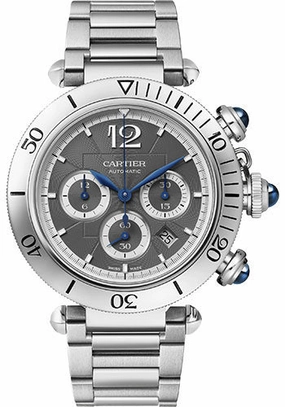 Cartier Pasha de Cartier Chronograph Watch - 41 mm Steel Case - Anthracite Dial - Steel Strap and Second Dark Gray Alligator Leather Strap - WSPA0027 