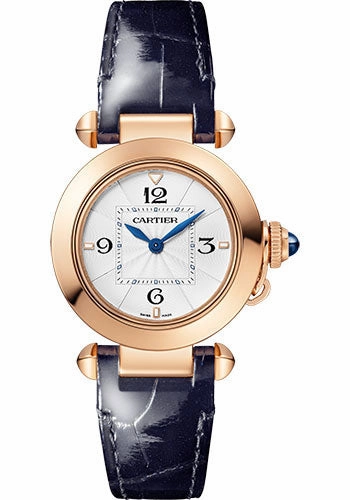 Cartier Pasha de Cartier Watch - 30 mm Rose Gold Case - Opaline Dial - Navy Blue Leather Strap and Second Gray Alligator Leather Strap - WGPA0018 