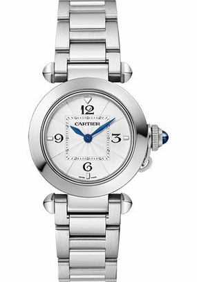 Cartier Pasha de Cartier Watch - 30 mm Steel Case - Opaline Dial - Bracelet and Second Fuchsia Alligator Leather Strap - WSPA0021 