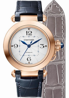 Cartier Pasha de Cartier Watch - 35 mm Pink Gold Case - Silver Dial - Navy Blue And Gray Alligator Straps - WGPA0014 