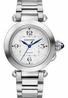 Cartier Pasha de Cartier Watch - 35 mm Steel Case - Silver Dial - Bracelet - Second Navy Alligator Strap - WSPA0013 