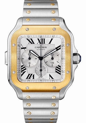 Cartier Santos de Cartier Chronograph Watch - 43.3 mm Gold And Steel Case - Silver Dial - Steel Bracelet - W2SA0008 