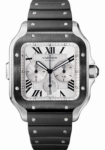 Cartier Santos de Cartier Chronograph Watch - 43.3 mm Steel And Adlc Case - Silver Dial - Both Bracelet - WSSA0017 