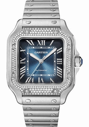 Cartier Santos de Cartier Watch - 35.1 mm Steel Case - 206 Diamond Bezel - Graduated Blue Dial - Alligator Leather Bracelet - W4SA0006 