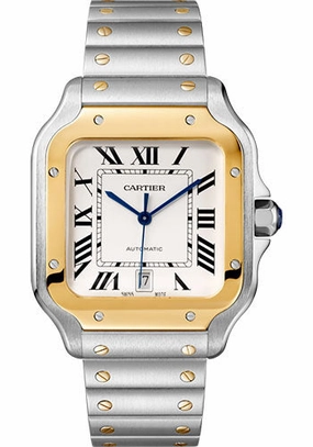 Cartier Santos de Cartier Watch - 39.8 mm Gold And Steel Case - Yellow Gold Bezel - Silvered Dial - Steel Bracelet - W2SA0009 