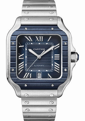 Cartier Santos de Cartier Watch - 39.8 mm Steel Case - Blue Striated Dial - Steel Strap and Second Blue Rubber Strap - WSSA0048 