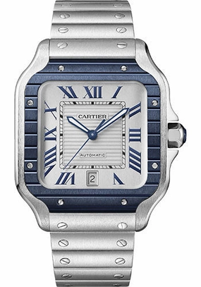 Cartier Santos de Cartier Watch - 39.8 mm Steel Case - Gray Striated Dial - Steel Strap and Second Blue Rubber Strap - WSSA0047 