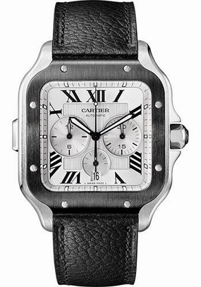 Cartier Santos de Cartier Watch - 43.3mm Steel Case - Satin Silver Dial - Both Bracelet - First Rubber Strap and Second Black Grained Calfskin Strap - WSSA0052 