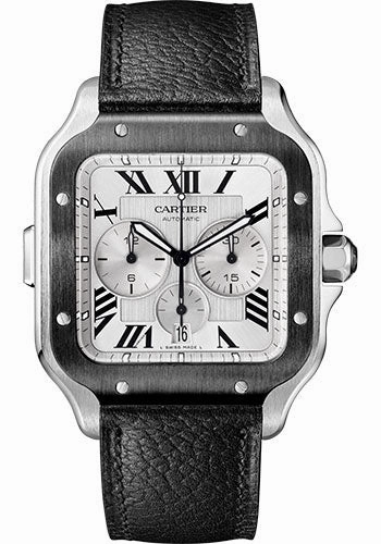 Cartier Santos de Cartier Watch - 43.3mm Steel Case - Satin Silver Dial - Both Bracelet - First Rubber Strap and Second Black Grained Calfskin Strap - WSSA0052 