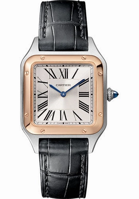 Cartier Santos-Dumont Watch - 38 mm Pink Gold And Steel Case - Silver Dial - Black Strap - W2SA0012 