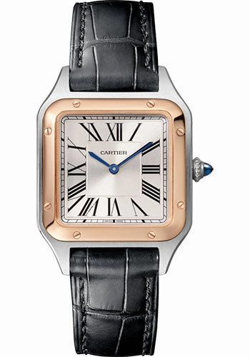 Cartier Santos-Dumont Watch - 38 mm Pink Gold And Steel Case - Silver Dial - Black Strap - W2SA0012 