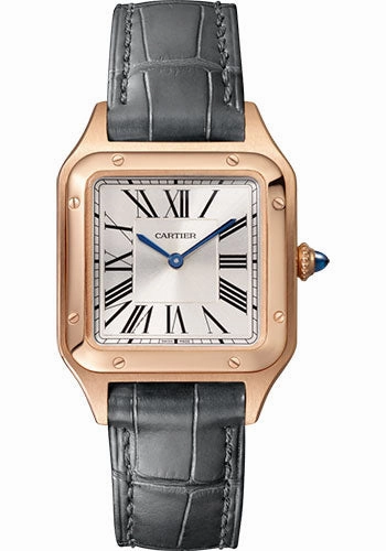 Cartier Santos-Dumont Watch - 38 mm Pink Gold Case - Silver Dial - Black Strap - WGSA0022 