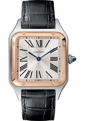 Cartier Santos-Dumont Watch - 43.5 mm Pink Gold And Steel Case - Silver Dial - Black Strap - W2SA0011 