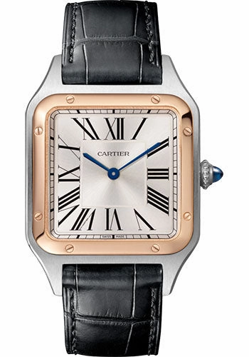 Cartier Santos-Dumont Watch - 43.5 mm Pink Gold And Steel Case - Silver Dial - Black Strap - W2SA0011 