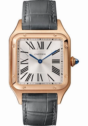 Cartier Santos-Dumont Watch - 43.5 mm Pink Gold Case - Silver Dial - Gray Strap - WGSA0021 