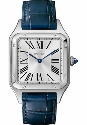 Cartier Santos-Dumont Watch - 43.5 mm Steel Case - Silver Dial - Navy Blue Strap - WSSA0022 